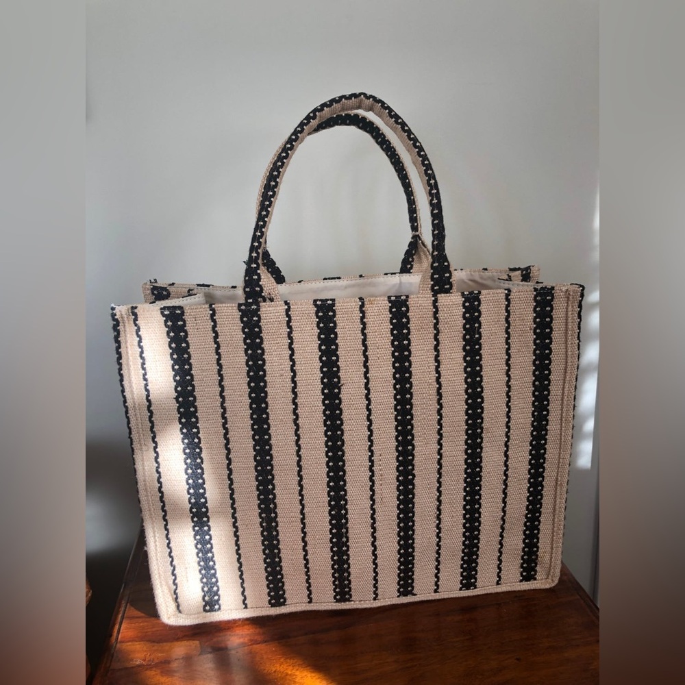 H&M Striped Black and Tan Tote Beach Bag